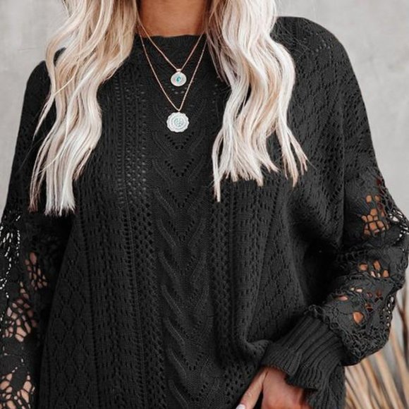 Sweaters - CROCHET LACE LONG SLEEVE SWEATER - BLACK